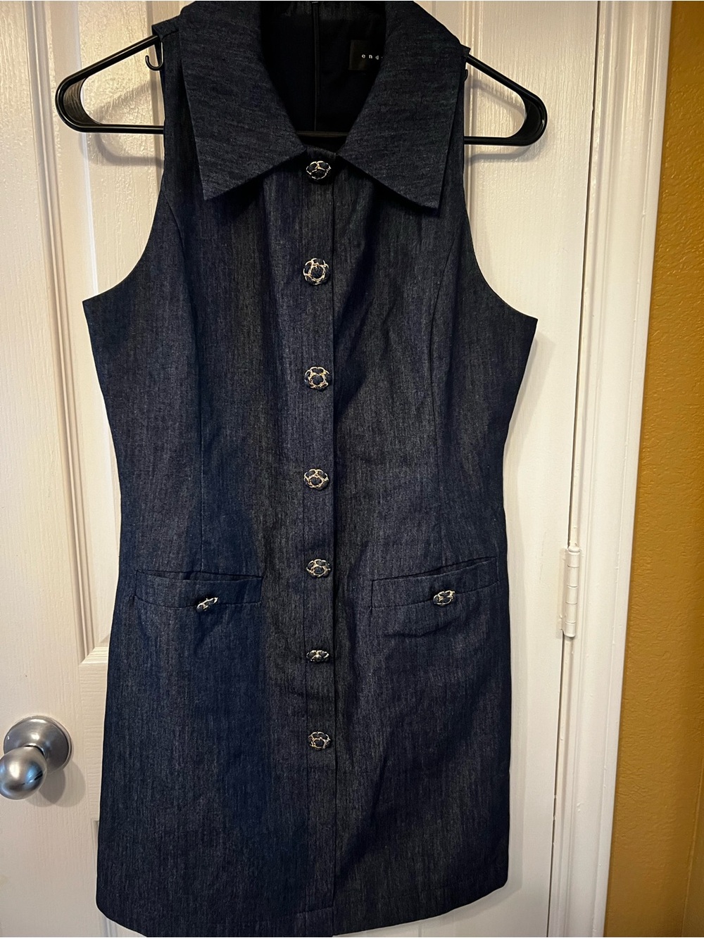 Endless Rose Denim Mini Dress M Gold Buttons Mod 60s Collared Sleeveless